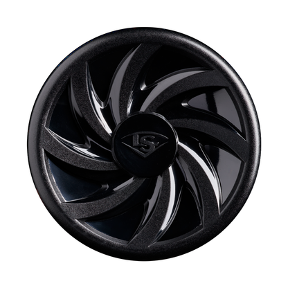 A glossy black circular end cap featuring a swirl pattern and the embossed LS logo at its center, viewed from above on a white background—resembling the distinctive cap of the 2027 Louisville Slugger Omaha (-10) 2 5/8″ USA Baseball Bat (WBL4262010), a premium one-piece alloy bat from Louisville Slugger known for its balanced swing weight.