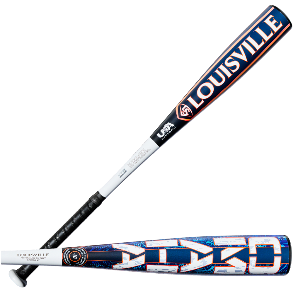 Two views of the Louisville Slugger 2027 Omaha (-10) 2 5/8″ USA Baseball Bat (WBL4262010): one highlights the full bat with its black handle and blue barrel, while the other showcases the vibrant blue, white, and red barrel design featuring geometric patterns. This one-piece alloy baseball bat from Louisville Slugger delivers a balanced swing weight for enhanced control and performance.