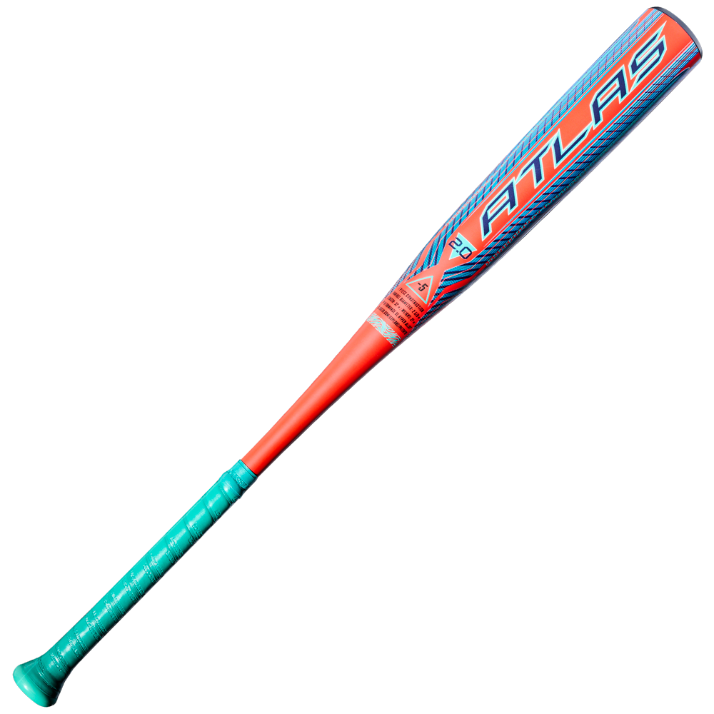 Introducing the 2027 Louisville Slugger Atlas 2.0 (-5) USA Baseball Bat (WBL4264010), a vibrant bat that showcases a turquoise handle, orange barrel, and striking blue and silver accents with the bold “ATLAS” lettering near the top. Crafted as a one-piece alloy by Louisville Slugger, this bat delivers a balanced swing weight—making it an ideal choice for young players who want standout style and performance on the field.