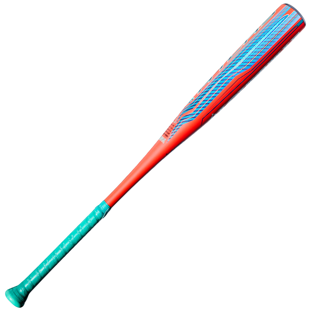 The 2027 Louisville Slugger Atlas 2.0 (-5) 2 5/8″ USA Baseball Bat (WBL4264010) features a teal handle and a red barrel adorned with blue and red geometric designs, shown against a white background. Crafted as a one-piece alloy bat by Louisville Slugger, it delivers a balanced swing weight—an excellent choice for players who value high performance and eye-catching style in their USA Baseball Bat.