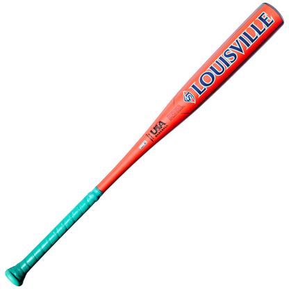 The 2027 Louisville Slugger Atlas 2.0 (-5) 2 5/8″ USA Baseball Bat (WBL4264010) by Louisville Slugger features a red design with a teal handle and striking blue LOUISVILLE branding on the barrel, and is crafted as a one-piece alloy bat for balanced swing weight.