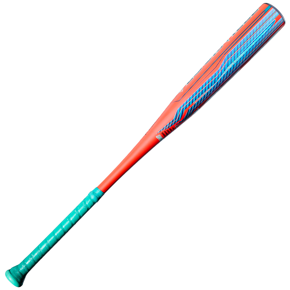 The 2027 Louisville Slugger Atlas 2.0 (-5) 2 5/8″ USA Baseball Bat (model WBL4264010) by Louisville Slugger is pictured against a white background, featuring a turquoise handle and an orange and blue barrel with a striped pattern. This one-piece alloy bat provides a balanced swing weight for players.