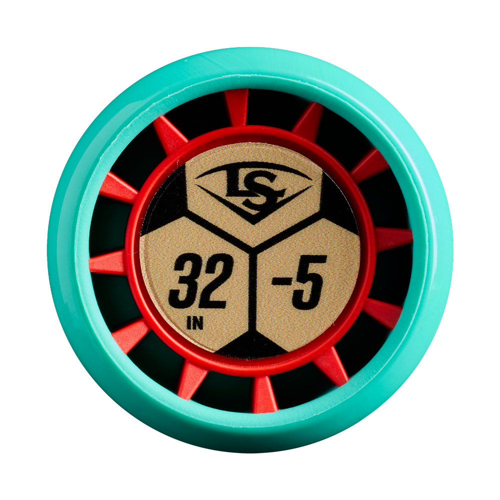 Close-up of a teal and red circular object with a gold center, featuring the Louisville Slugger logo, a soccer ball-inspired pattern, and the numbers 32 IN - 5—evoking the balanced swing weight characteristic of high-performance one-piece alloy bats like the 2027 Louisville Slugger Atlas 2.0 (-5) USA Baseball Bat: WBL4264010.