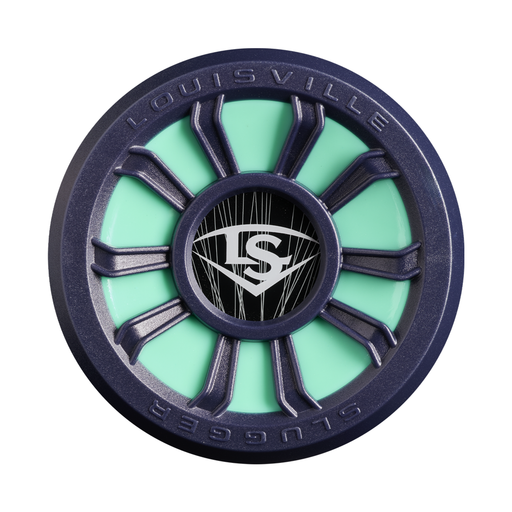 A round, teal and black device featuring the Louisville Slugger name and LS logo at its center is set within a dark blue, vented frame—a design that echoes the balanced swing weight of the premium 2027 Louisville Slugger Atlas 2.0 (-5) 2 5/8″ USA Baseball Bat (WBL4264010).
