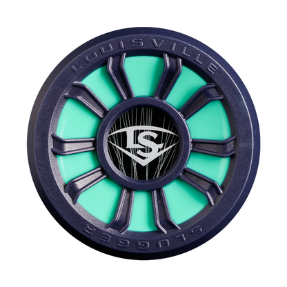 A round, teal and black device featuring the Louisville Slugger name and LS logo at its center is set within a dark blue, vented frame—a design that echoes the balanced swing weight of the premium 2027 Louisville Slugger Atlas 2.0 (-5) 2 5/8″ USA Baseball Bat (WBL4264010).