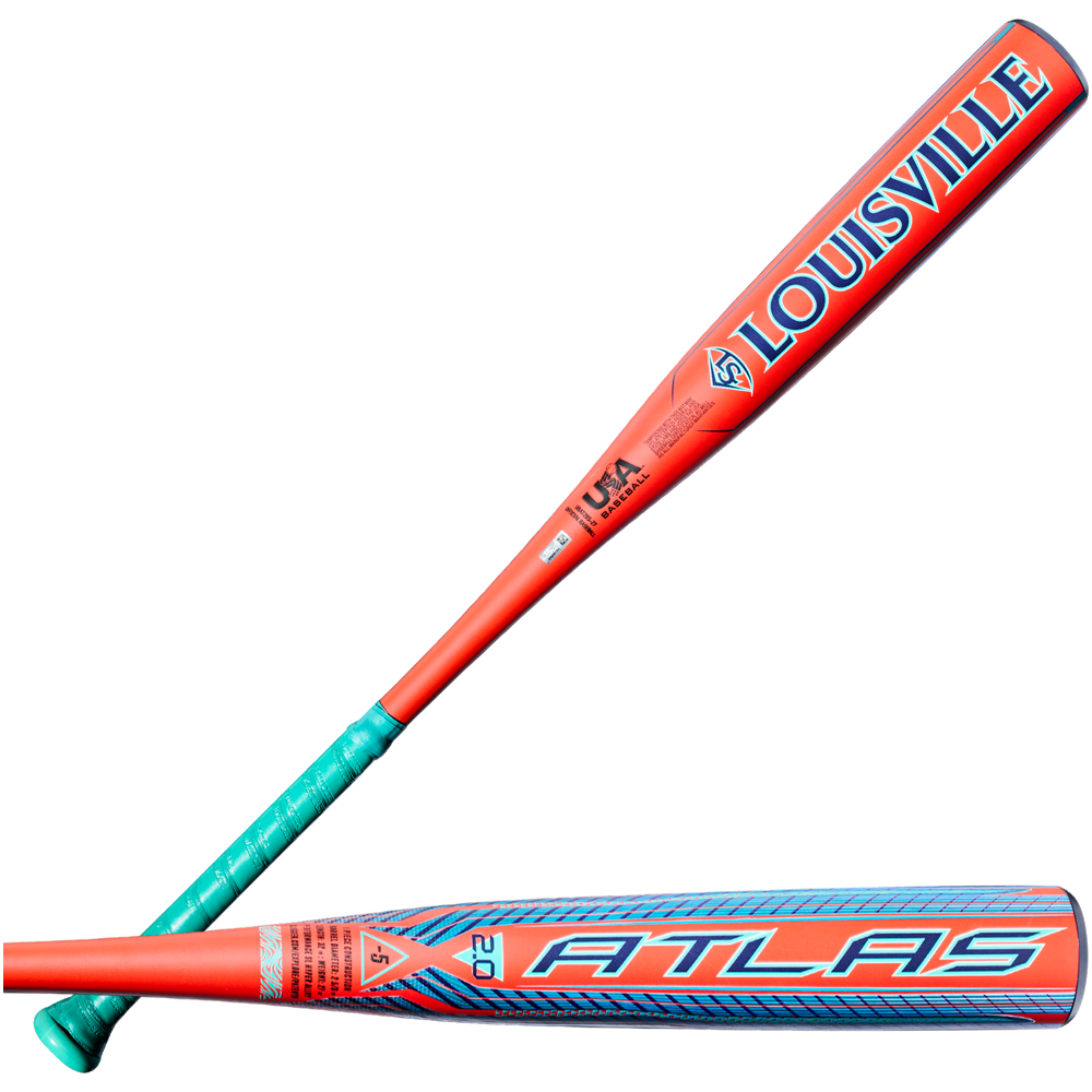 Here’s a rewritten sentence that uses your product data: Two orange and teal Louisville Slugger Atlas 2.0 (-5) USA Baseball Bats (WBL4264010) are pictured, each featuring teal grips. One bat displays the Louisville Slugger brand name, while the other highlights the Atlas model name and graphics. These one-piece alloy bats provide a balanced swing weight and meet USA Baseball Bat standards for reliable on-field performance.