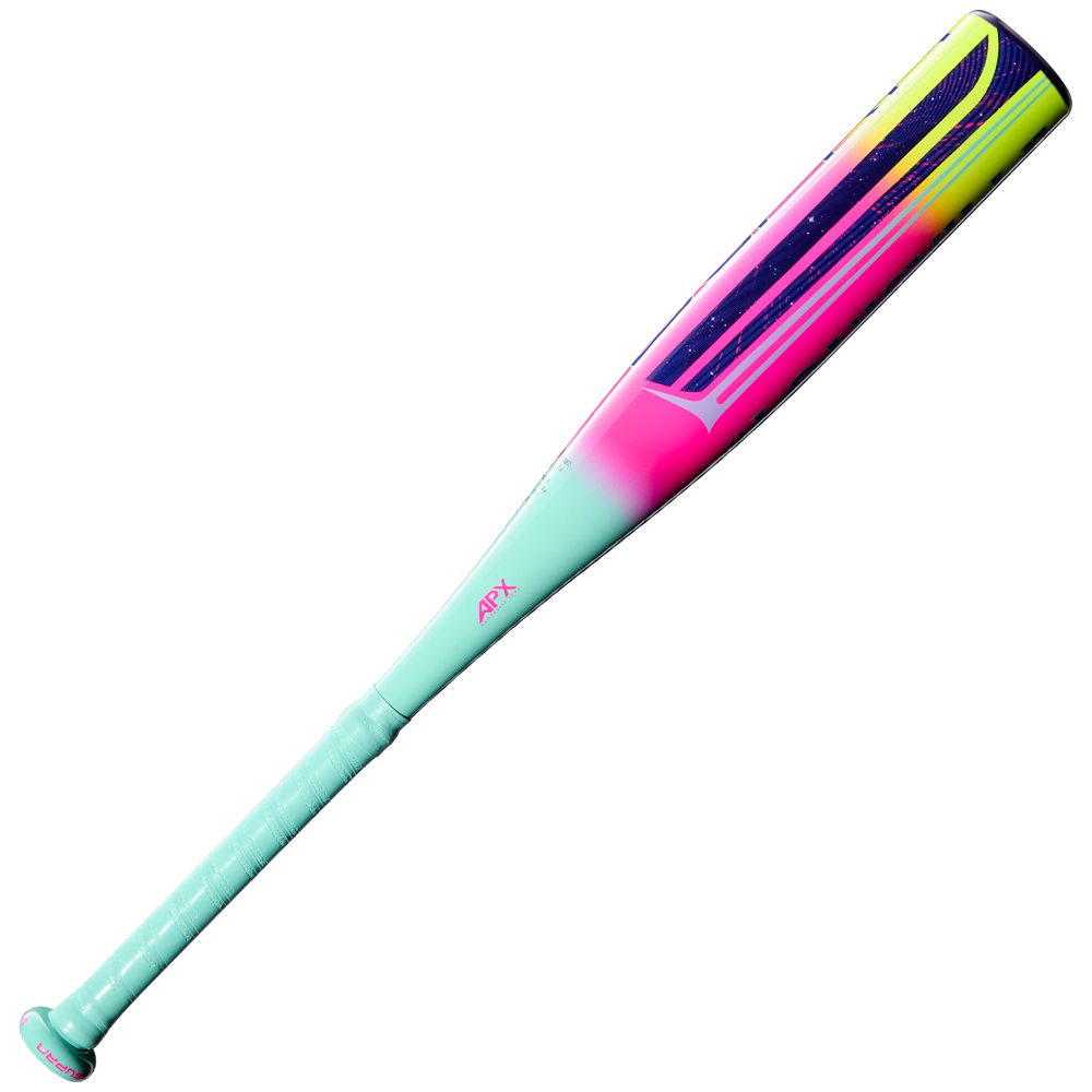 The 2027 Louisville Slugger Supra JBB (-10) 2 3/4" USSSA Baseball Bat (WBL4265010) features a vibrant teal, pink, yellow, and dark blue gradient with APX accents. Its teal grip and one-piece composite build are ideal for young players.