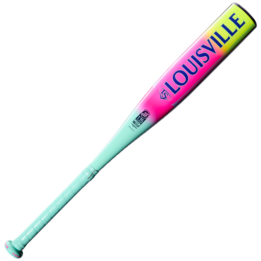 The 2027 Louisville Slugger Supra JBB (-10) 2 3/4" USSSA bat features a turquoise handle, a pink-to-yellow gradient barrel, and the Louisville Slugger name in bold blue letters.