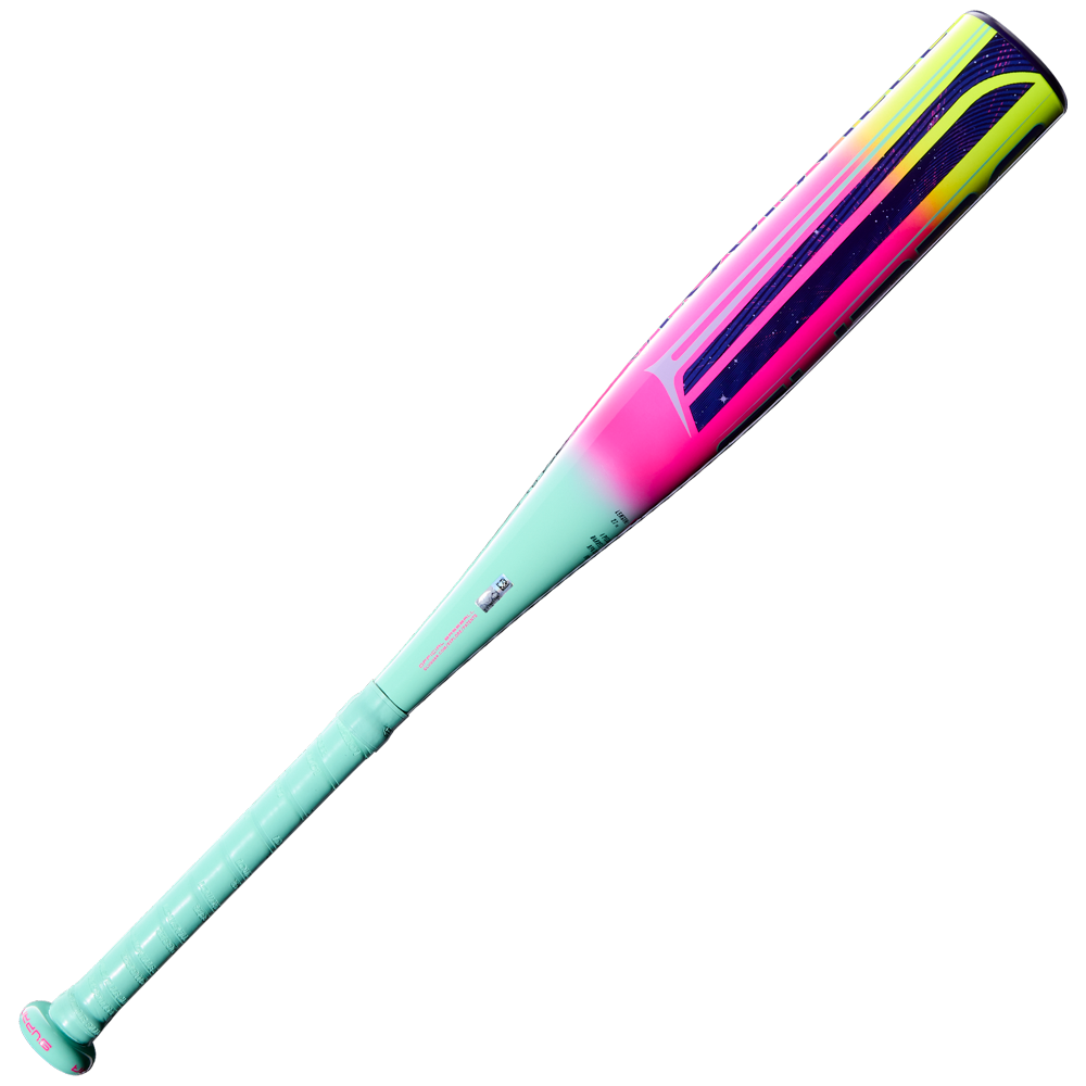 The 2027 Louisville Slugger Supra JBB (-10) USSSA bat has a turquoise handle and a pink, purple, and yellow gradient barrel with dynamic stripes—perfect for young travel ball players seeking style and performance.
