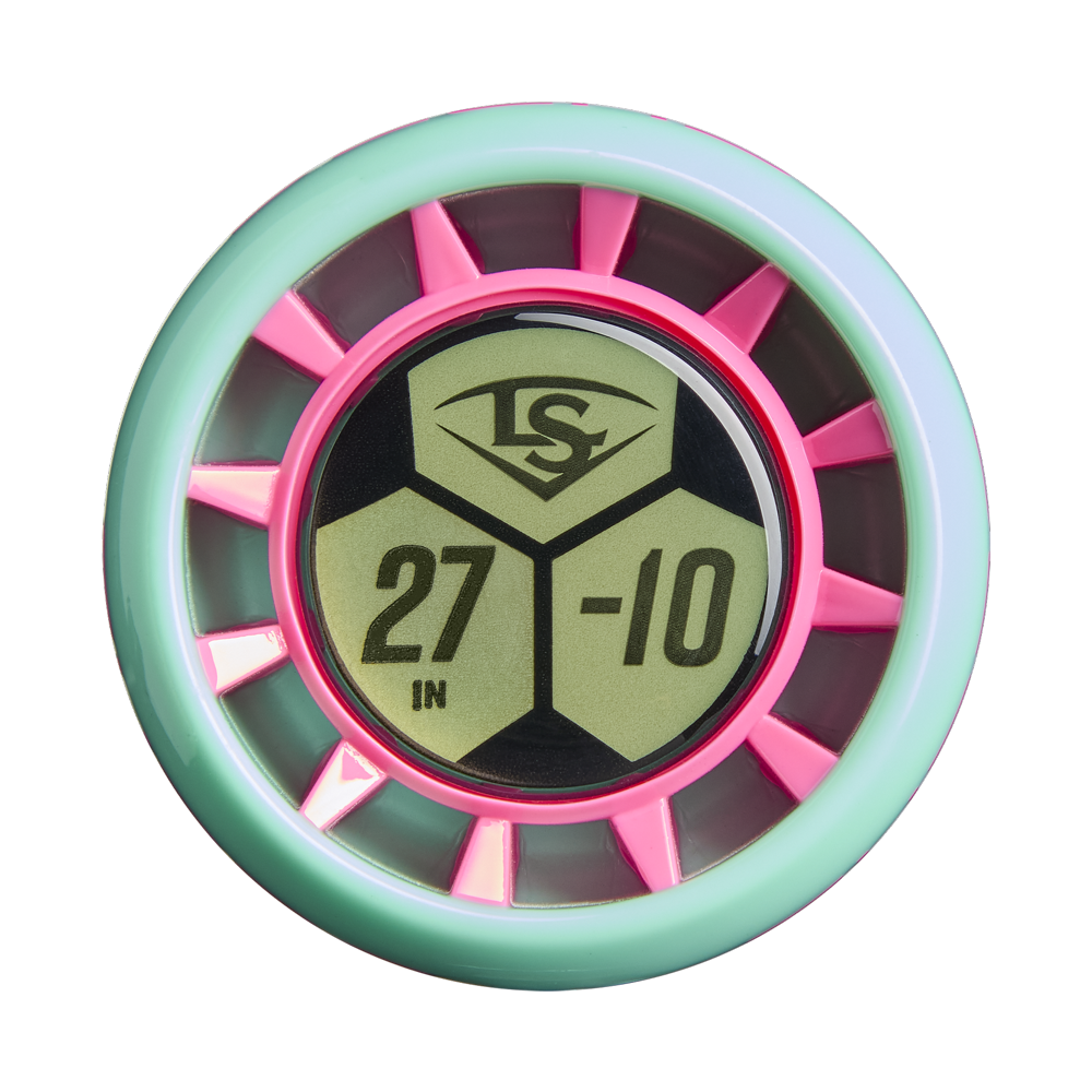 A round device with a mint green ring, pink spokes, and yellow center displays "27 IN," "-10," and the LS logo, echoing the vibrant style of the 2027 Louisville Slugger Supra JBB (-10) USSSA Baseball Bat: WBL4265010.