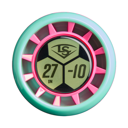 A round device with a mint green ring, pink spokes, and yellow center displays "27 IN," "-10," and the LS logo, echoing the vibrant style of the 2027 Louisville Slugger Supra JBB (-10) USSSA Baseball Bat: WBL4265010.