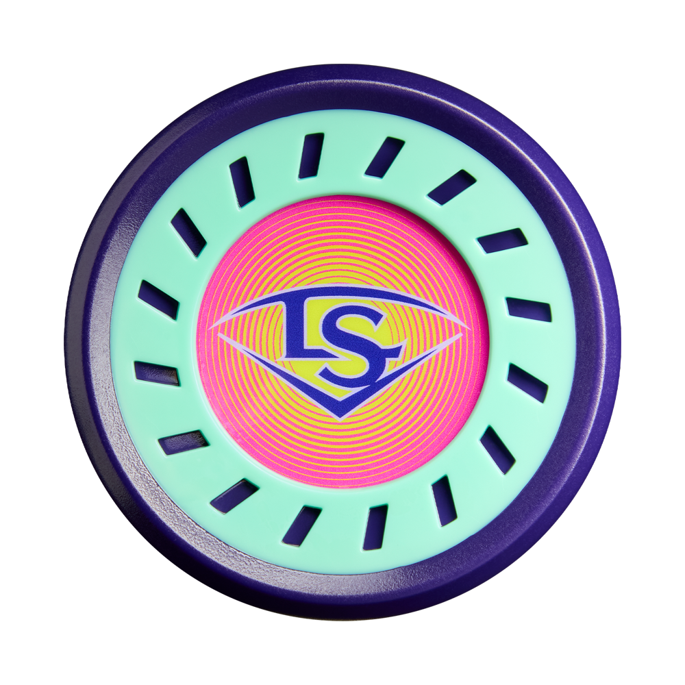 A round, colorful object with a purple outer ring, mint green inner ring with black marks, and pink-orange center featuring a blue LS logo in a diamond—mirroring the vibrant style of the 2027 Louisville Slugger Supra JBB (-10) USSSA Bat.