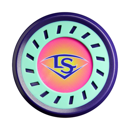 A round, colorful object with a purple outer ring, mint green inner ring with black marks, and pink-orange center featuring a blue LS logo in a diamond—mirroring the vibrant style of the 2027 Louisville Slugger Supra JBB (-10) USSSA Bat.