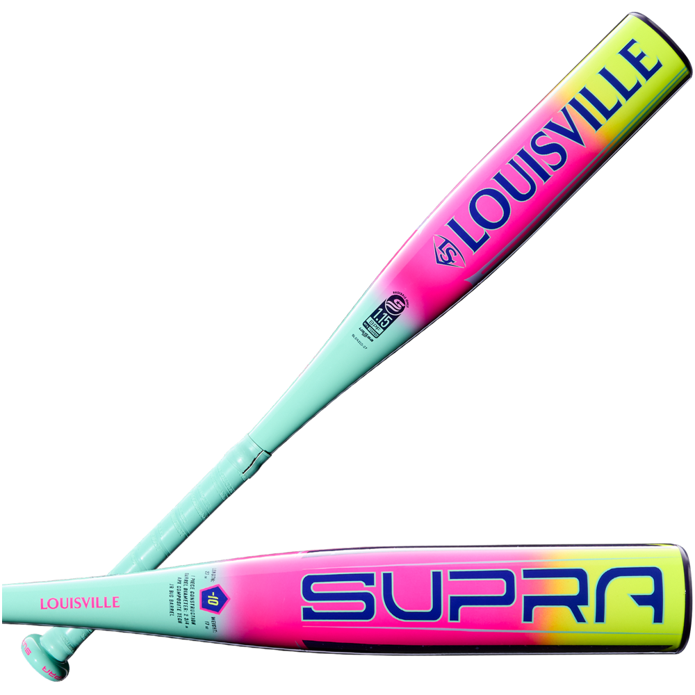 Two teal 2027 Louisville Slugger Supra JBB (-10) USSSA bats feature gradient pink, purple, and yellow barrels with bold, colorful text—one shows "LOUISVILLE," the other "SUPRA"—offering a vibrant design ideal for Junior Big Barrel bat players.