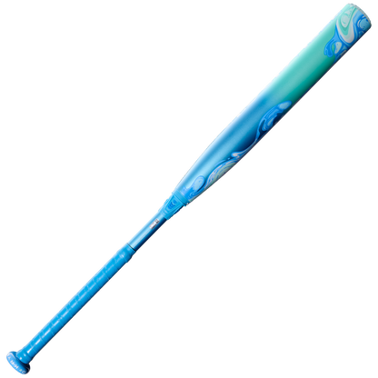 The 2027 Louisville Slugger Kryo2 (-11) Fastpitch Softball Bat (WBL4268010) showcases a blue and teal wavy abstract pattern along the GO-EX+ Barrel System, set against a light gray background.