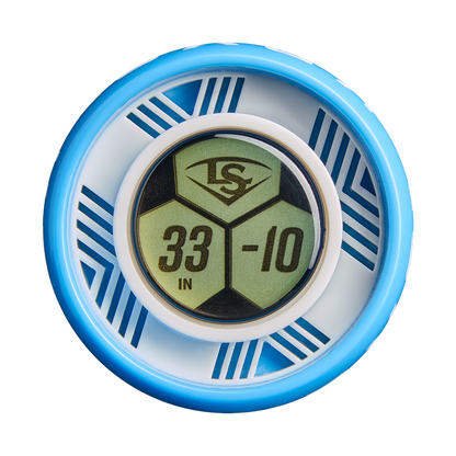 A round disc with blue and white geometric patterns and "LS, 33 IN, -10" in black on gold/black background—designed for the Louisville Slugger Kryo2 (-10) WBL4269010 fastpitch softball bat with GO-EX+ Barrel System.