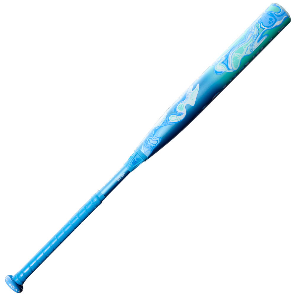 The 2027 Louisville Slugger Kryo2 (-9) Fastpitch Softball Bat (WBL4270010) showcases swirling blue, turquoise, and white patterns on its barrel with the GO-EX+ Barrel System, set against a plain white background.