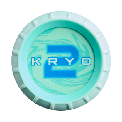 A round, mint green lid with a marbled blue center features "KRYO 2" in bold blue text, inspired by the Louisville Slugger Kryo2 (-9) Fastpitch Softball Bat: WBL4270010 and its advanced GO-EX+ Barrel System.
