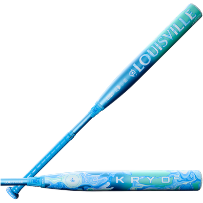 Two blue Louisville Slugger Kryo2 (-9) Fastpitch Softball Bats (WBL4270010) with swirling light blue and teal gradients and the GO-EX+ Barrel System are shown on a clean white background.