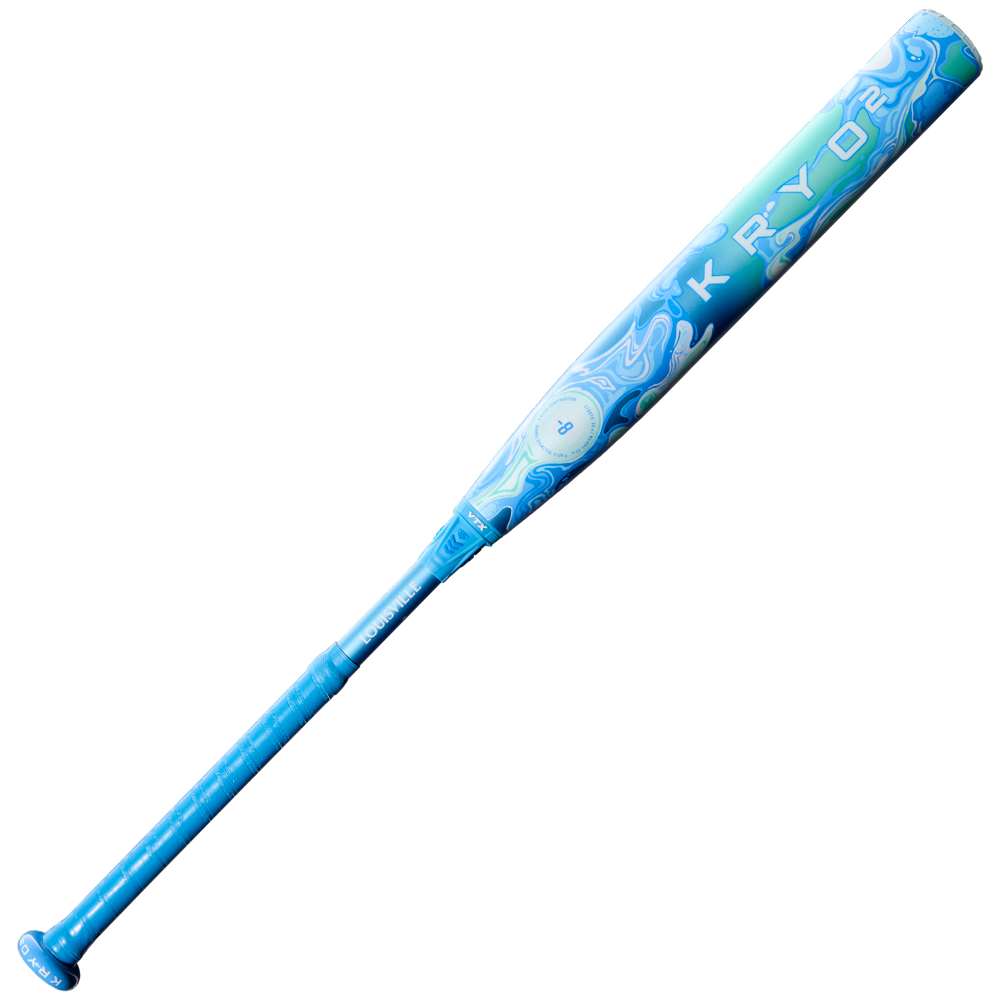 The 2027 Louisville Slugger Kryo2 (-8) Fastpitch Softball Bat (WBL4271010) features a blue and turquoise swirl design with bold KRYO lettering and the advanced GO-EX+ Barrel System for peak performance.
