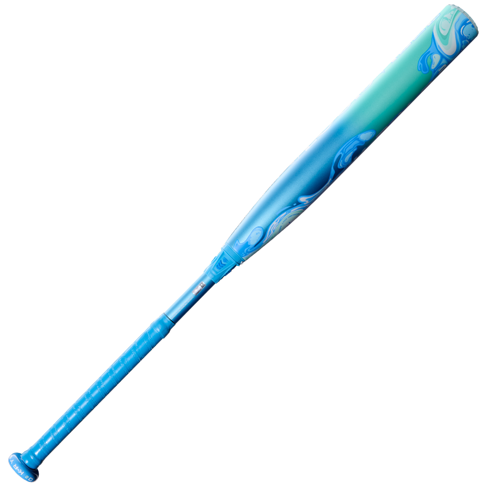 The 2027 Louisville Slugger Kryo2 (-8) Fastpitch Softball Bat (WBL4271010) features a blue handle, a barrel with blue-to-turquoise gradient and abstract swirls, all built with the advanced GO-EX+ Barrel System by Louisville Slugger.