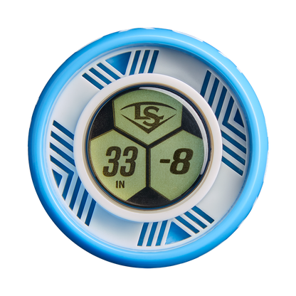 A close-up of a blue and white circular baseball training sensor displays the LS logo, 33 IN, and -8—ideal for tracking stats with your Louisville Slugger Kryo2 (-8) Fastpitch Softball Bat (WBL4271010).