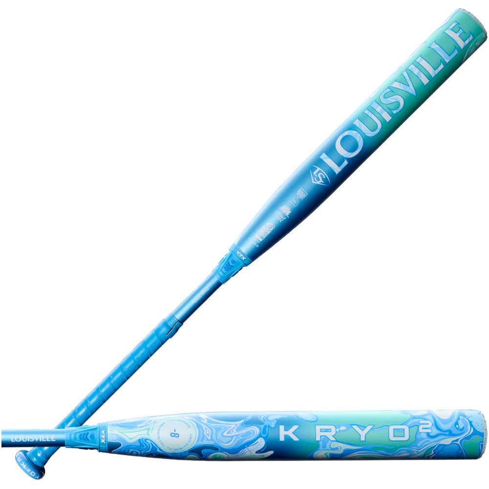 Two blue and teal Louisville Slugger Kryo2 (-8) Fastpitch Softball Bats (WBL4271010) feature bold white "LOUISVILLE" and "KRYO" lettering, swirling designs, and a GO-EX+ Barrel System, shown on a plain white background.