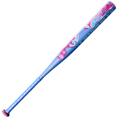 Featuring striking blue coloring with pink and white abstract designs on the barrel, a pink end cap, and a wrapped grip handle, the 2027 Louisville Slugger Kryo One (-11) Fastpitch Softball Bat (WBL4272010) is a one-piece composite bat engineered by Louisville Slugger for dependable performance and standout style.