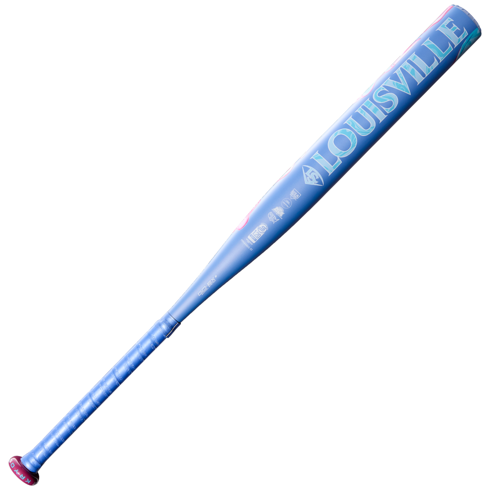 A blue 2027 Louisville Slugger Kryo One (-11) Fastpitch Softball Bat (WBL4272010), featuring white and light blue text and a one-piece composite construction, is shown on a white background.