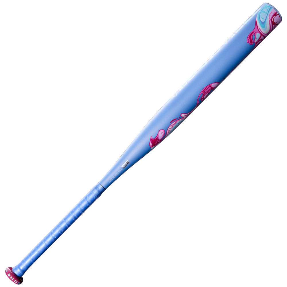 The 2027 Louisville Slugger Kryo One (-11) Fastpitch Softball Bat (WBL4272010) features a striking blue design accented with pink and purple wave-like patterns near the barrel and is finished with a bold red end cap and grip. This one-piece composite bat by Louisville Slugger delivers a blend of standout style and top performance.