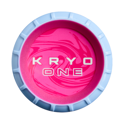 A round, pink object featuring white marbled swirls and bold white “KRYO ONE” text, bordered by a light blue rim—evoking the sleek design elements of the 2027 Louisville Slugger Kryo One (-11) Fastpitch Softball Bat (WBL4272010), crafted from one-piece composite material.