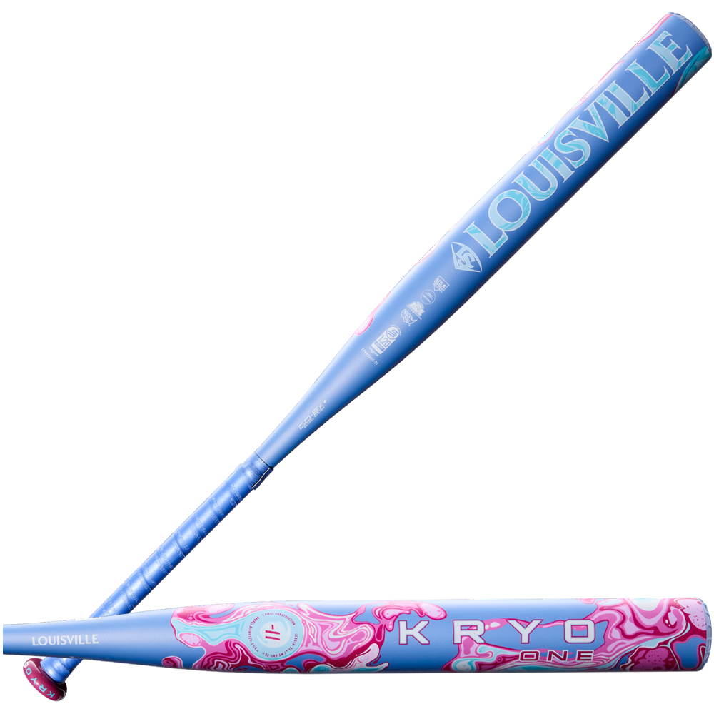 Two Louisville Slugger bats: one features a predominantly light blue design with the prominent Louisville Slugger branding, while the 2027 Louisville Slugger Kryo One (-11) Fastpitch Softball Bat (WBL4272010) showcases a pink and blue swirled pattern with bold KRYO ONE text. Both display brand logos, have a glossy finish, and are crafted from sleek one-piece composite construction.