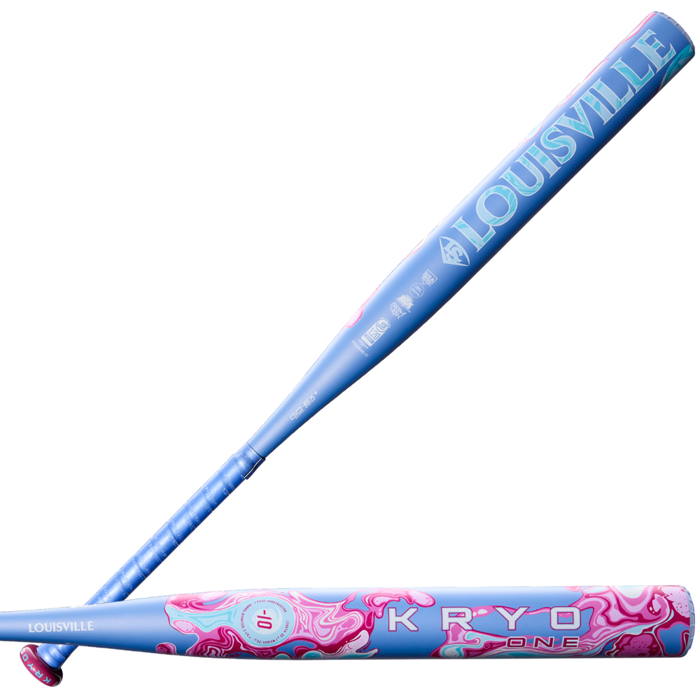Two views of the 2027 Louisville Slugger Kryo One (-10) Fastpitch Softball Bat (WBL4273010) by Louisville Slugger, shown in blue with pink and white swirl designs. The words LOUISVILLE and KRYO ONE appear in large, bold lettering on this one-piece composite bat.