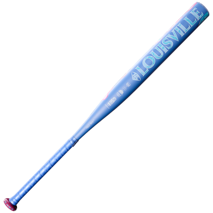 The 2027 Louisville Slugger Kryo One (-9) Fastpitch Softball Bat (model WBL4274010) features a blue design with metallic accents and Louisville Slugger branding on the barrel, constructed as a one-piece composite and displayed against a white background.
