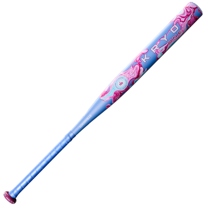The 2027 Louisville Slugger Kryo One (-8) Fastpitch Softball Bat (WBL4275010) is a blue and pink bat featuring swirling designs, the bold “KRYO” name on the barrel, and “Louisville” near the handle. This stylish Louisville Slugger bat boasts a durable one-piece composite construction designed for powerful fastpitch performance.