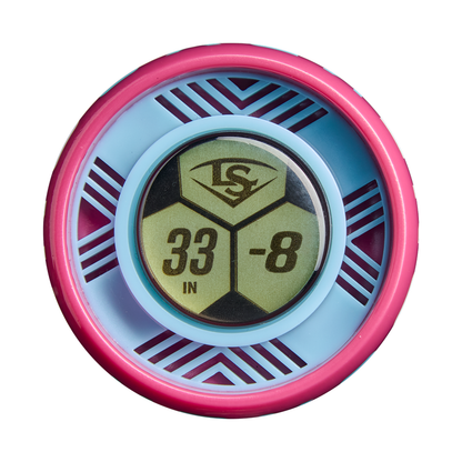Add a vibrant touch to your Louisville Slugger Kryo One (-8) Fastpitch Softball Bat (WBL4275010) with this round baseball bat knob sticker. Featuring a pink and light blue geometric pattern, it displays “33 IN -8” and the Louisville Slugger logo at the center on a green background—perfect for showcasing your style every time you step up to the plate.