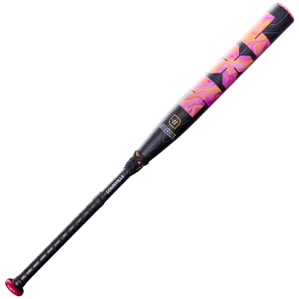 Introducing the 2027 Louisville Slugger LXT (-11) Fastpitch Softball Bat (WBL4276010), a bat featuring a black handle and a barrel adorned with an eye-catching pink, orange, and purple marbled design. Showcasing Louisville Slugger branding near the handle, this sleek and modern fastpitch bat offers a balanced swing weight to deliver smoother, more powerful hits.