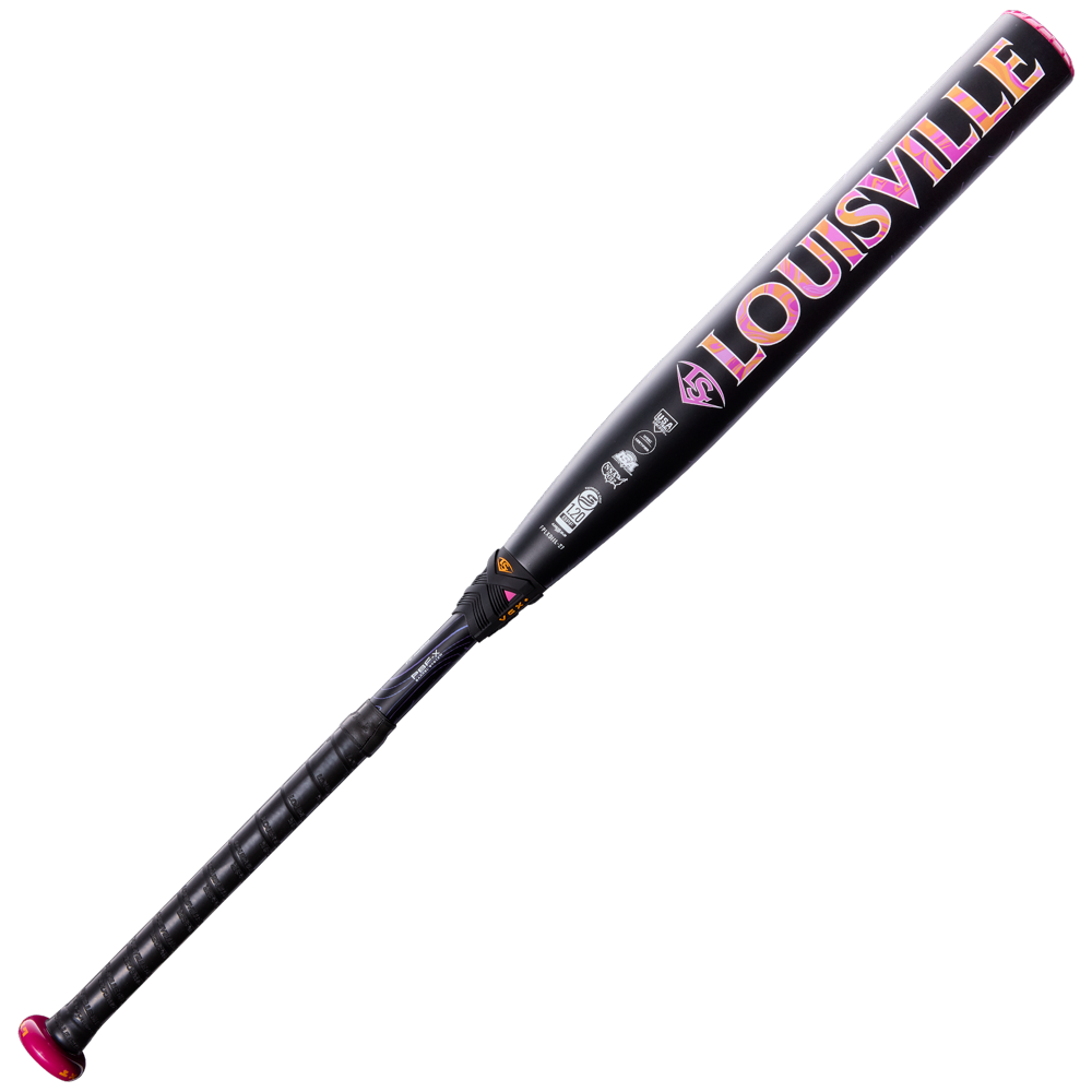 The 2027 Louisville Slugger LXT (-11) Fastpitch Softball Bat (model WBL4276010) features a sleek black design with pink accents and bold pink "LOUISVILLE" lettering along its composite barrel, showcased against a plain white background. Crafted for a balanced swing weight, this bat by Louisville Slugger is ideal for players who value both style and high performance.