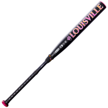 The 2027 Louisville Slugger LXT (-11) Fastpitch Softball Bat (model WBL4276010) features a sleek black design with pink accents and bold pink "LOUISVILLE" lettering along its composite barrel, showcased against a plain white background. Crafted for a balanced swing weight, this bat by Louisville Slugger is ideal for players who value both style and high performance.