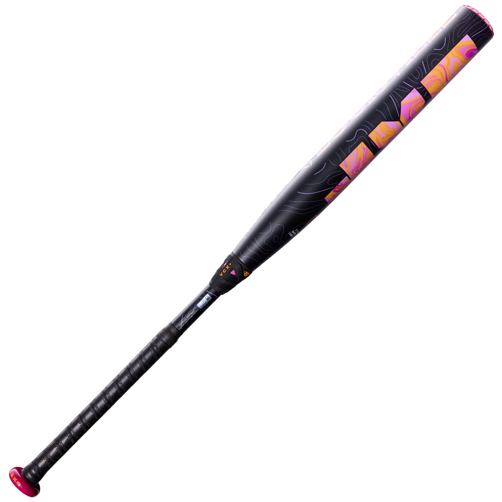The 2027 Louisville Slugger LXT (-11) Fastpitch Softball Bat (WBL4276010) by Louisville Slugger features a black and pink design with a patterned composite barrel and a wrapped grip, engineered for a balanced swing weight, and is shown on a plain white background.