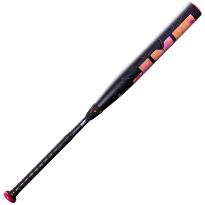The 2027 Louisville Slugger LXT (-11) Fastpitch Softball Bat (WBL4276010) by Louisville Slugger features a black and pink design with a patterned composite barrel and a wrapped grip, engineered for a balanced swing weight, and is shown on a plain white background.