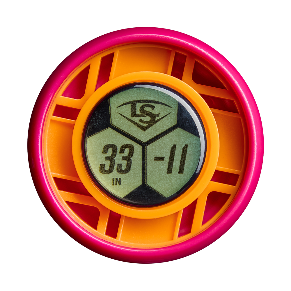 A round, pink and orange plastic object with a digital display reading “33 IN -11” and the Louisville Slugger logo at the top on a white background, designed to mimic the balanced swing weight of the 2027 Louisville Slugger LXT (-11) Fastpitch Softball Bat: WBL4276010.