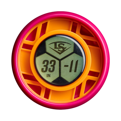 A round, pink and orange plastic object with a digital display reading “33 IN -11” and the Louisville Slugger logo at the top on a white background, designed to mimic the balanced swing weight of the 2027 Louisville Slugger LXT (-11) Fastpitch Softball Bat: WBL4276010.