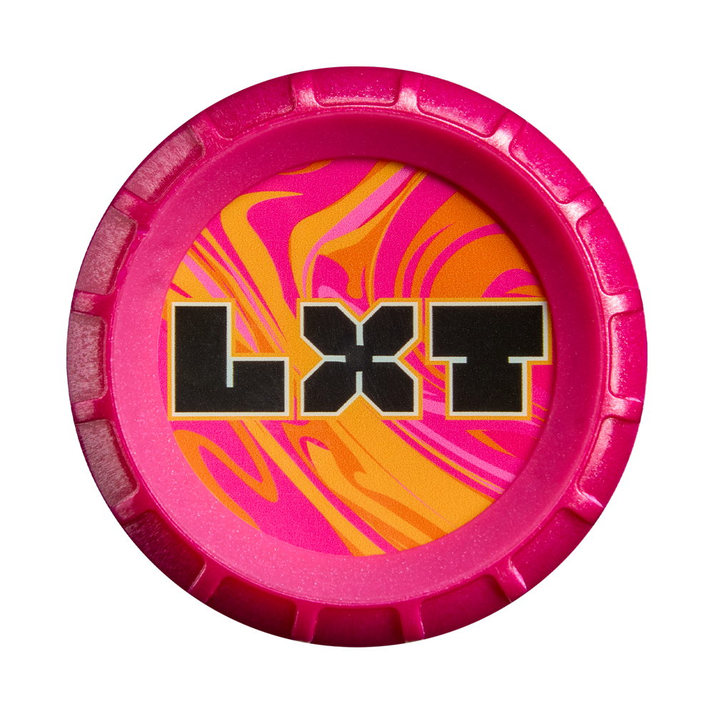 Featuring a vibrant, round design with a pink rim and an orange and pink swirled pattern inside, the center showcases bold black "LXT" letters edged in white—mirroring the eye-catching style of the 2027 Louisville Slugger LXT (-11) Fastpitch Softball Bat (WBL4276010), which boasts a composite barrel for optimal performance.