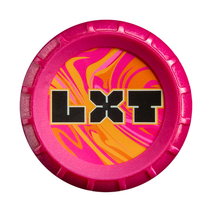 Featuring a vibrant, round design with a pink rim and an orange and pink swirled pattern inside, the center showcases bold black "LXT" letters edged in white—mirroring the eye-catching style of the 2027 Louisville Slugger LXT (-11) Fastpitch Softball Bat (WBL4276010), which boasts a composite barrel for optimal performance.