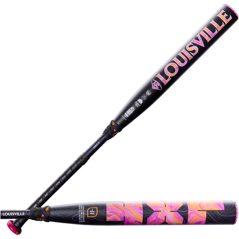 Two Louisville Slugger LXT (-11) Fastpitch Softball Bats (2027, model WBL4276010) featuring striking black, pink, and orange swirled graphics—one showcasing the prominent LOUISVILLE logo, while the other highlights the vibrant composite barrel and handle design. Both are engineered by Louisville Slugger for a balanced swing weight.