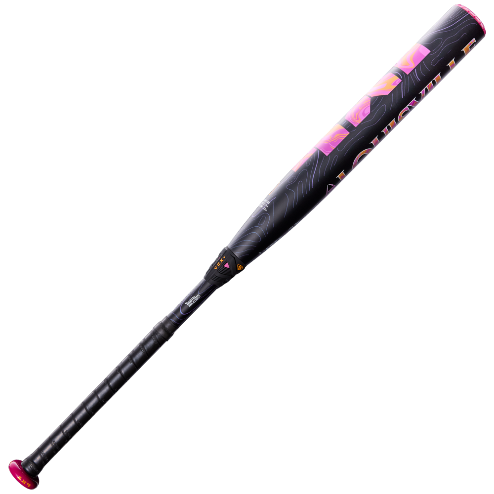 The 2027 Louisville Slugger LXT (-10) Fastpitch Softball Bat (WBL4277010) by Louisville Slugger is shown on a white background, featuring a sleek black design with pink and orange accents, a patterned composite barrel along the length of the bat, and a red knob at the handle end to provide balanced swing weight.