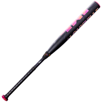The 2027 Louisville Slugger LXT (-10) Fastpitch Softball Bat (WBL4277010) by Louisville Slugger is shown on a white background, featuring a sleek black design with pink and orange accents, a patterned composite barrel along the length of the bat, and a red knob at the handle end to provide balanced swing weight.