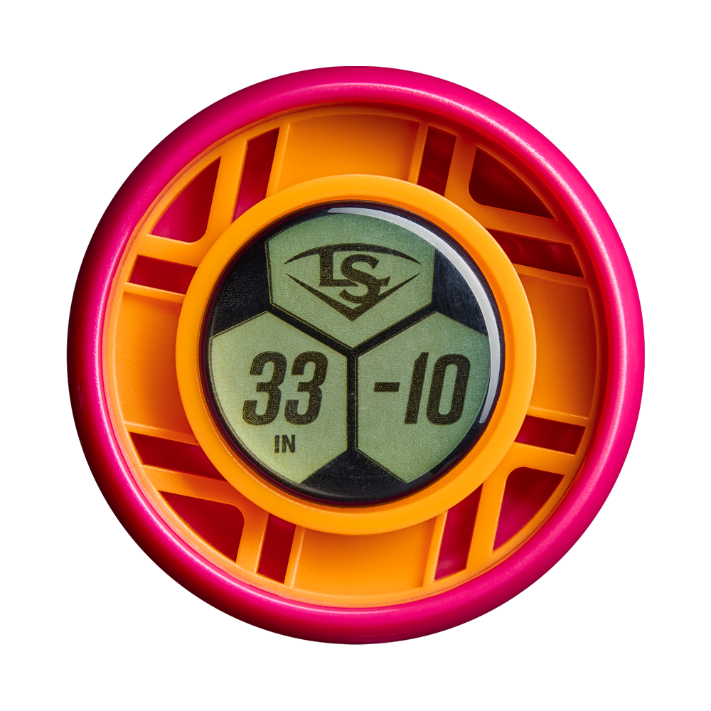 A circular object with a pink outer ring, an orange middle layer, and a central display showing 33 IN -10 with a logo above—evoking the precise measurements characteristic of the Louisville Slugger 2027 LXT (-10) Fastpitch Softball Bat (WBL4277010) and its balanced composite barrel design.