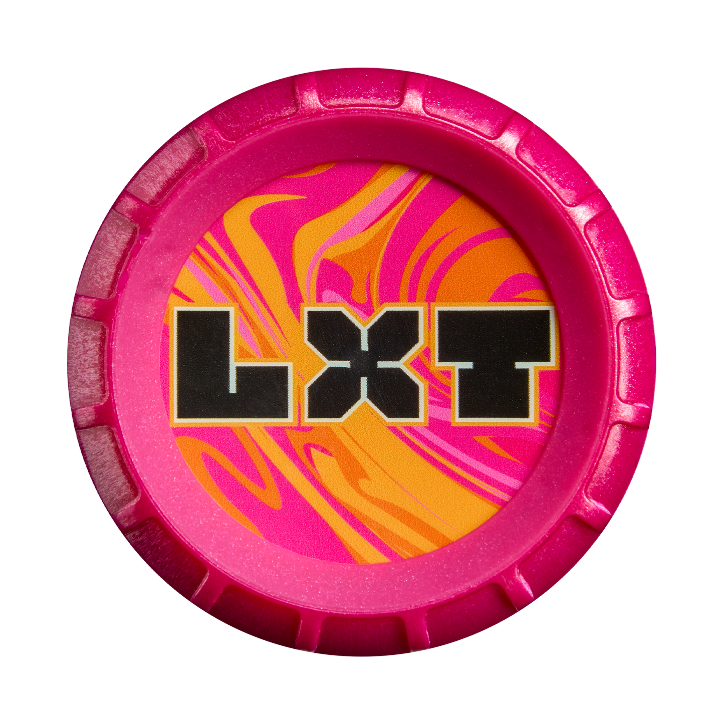 Top off your favorite fastpitch softball bat with the 2027 Louisville Slugger LXT (-10) Fastpitch Softball Bat: WBL4277010—a round, pink plastic cap featuring a yellow and pink swirled center and bold black “LXT” lettering outlined in white. Manufactured by Louisville Slugger, this bat’s balanced swing weight is expertly designed to pair perfectly with its high-performance composite barrel.